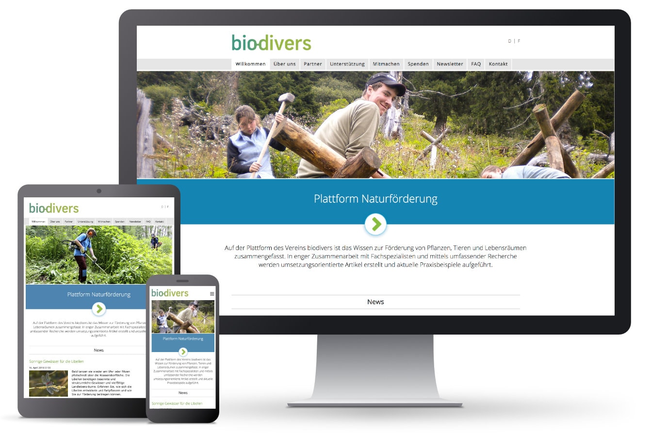 Beispiel für Webauftritt für Verein Biodivers in Smartphone- und Desktop-Ansicht